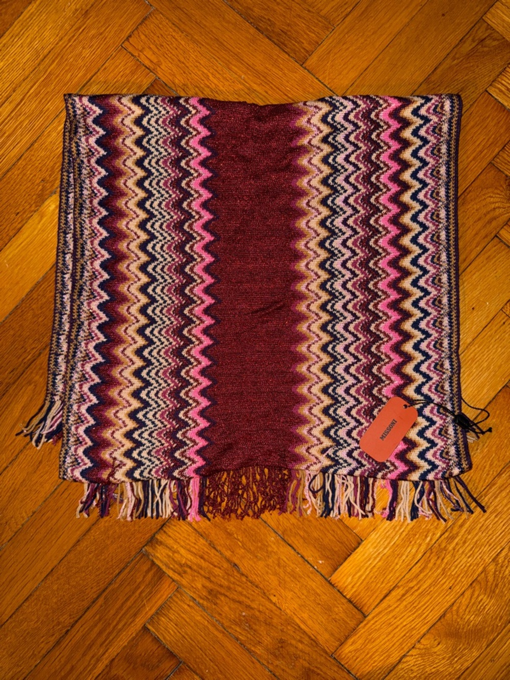 Missoni Woven Zigzag Patterned Knit Scarf in Berry Multi